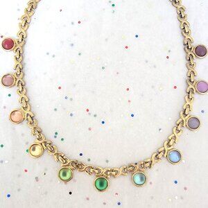 RAINBOW OF COLOR GLASS CABOCHON GOLD TONE FANCY NECKLACE NEW